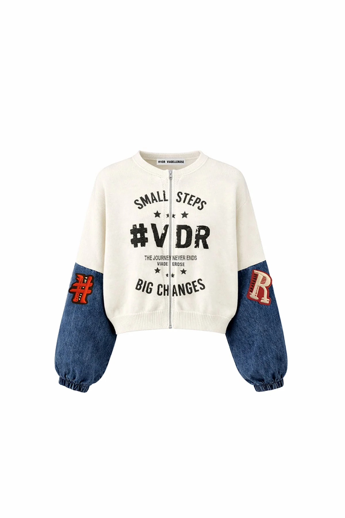 Off White Blue Contrast Denim Sleeve Bomber Knit Sweater 19173
