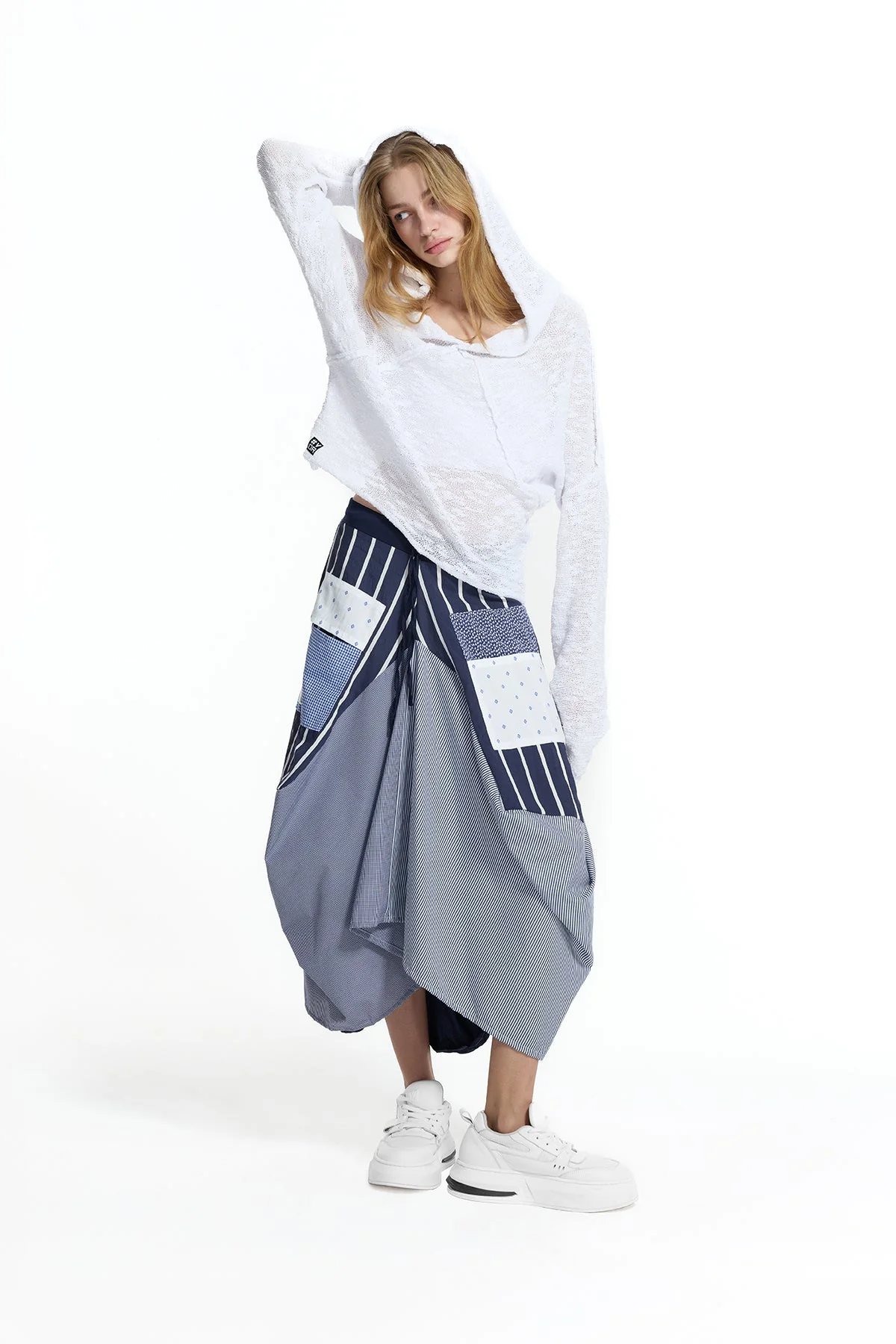 White Hooded Seam Detail Knit Sweater 19163
